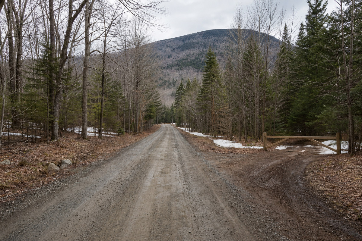 A gravel town road through Adirondack hardwoods and spruce in early spring, a wooden camp gate at a private drive and a rounded mountain ridgeline in the background