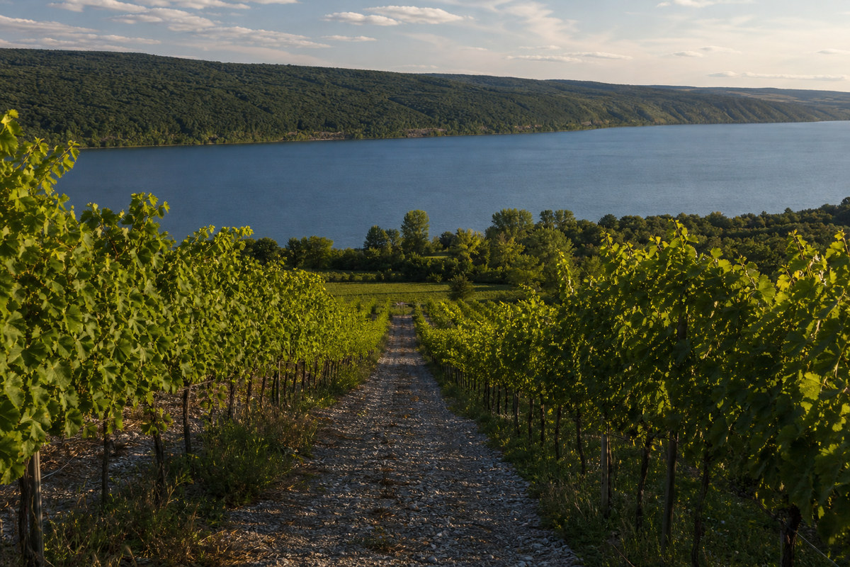 A steep vineyard hillside above a long narrow Finger Lake in late summer with a gravel farm lane running between the rows down toward the water