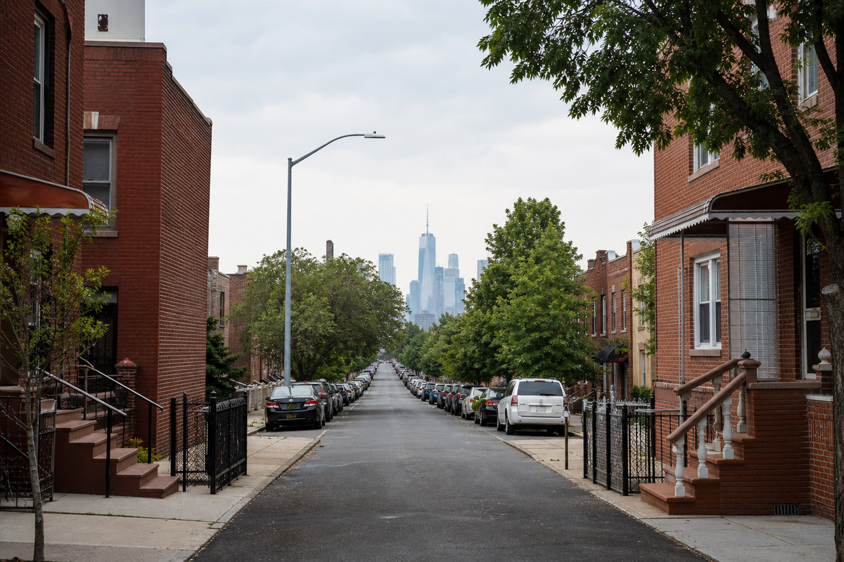 A Brooklyn residential block of attached brick houses with a narrow driveway curb cut, parked cars along both curbs and the Manhattan skyline small in the distance